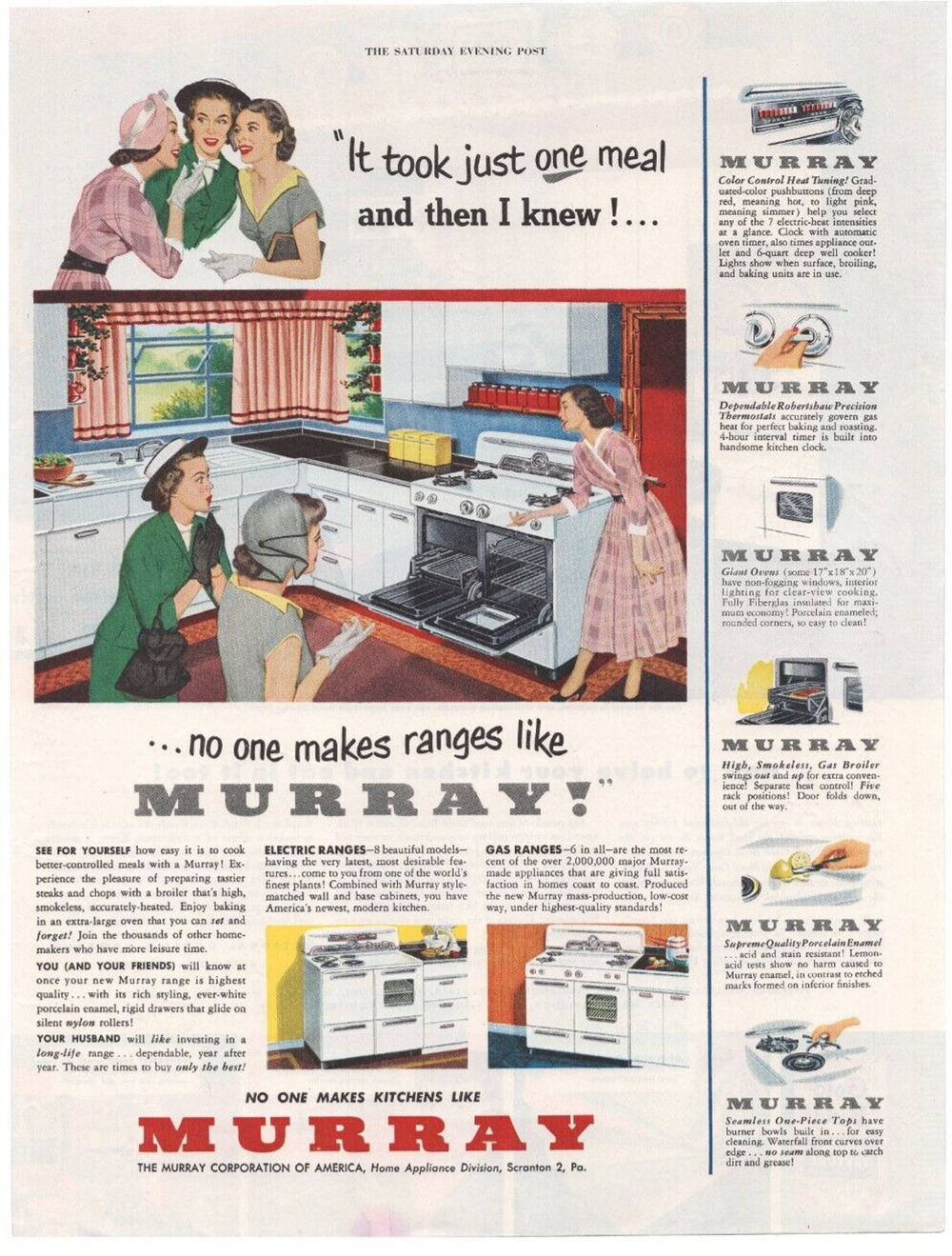 Vintage Original Murray Appliances Magazine Advertisement 1952 Mid Century